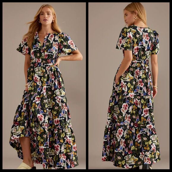 Anthropologie The Somerset Maxi Dress Sz. Small 100% Cotton NWT Black Floral - Picture 1 of 10
